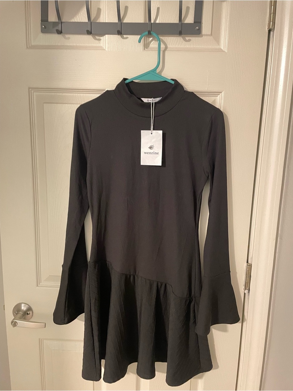 Black Long-Sleeve Mock Neck Ruffle-Hem Dress